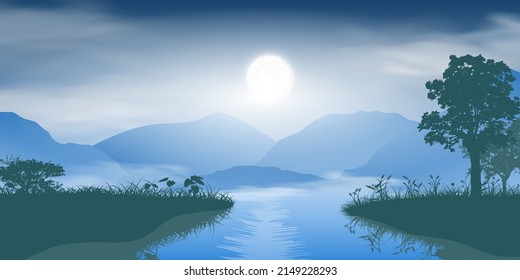 tree and grass silhouette in lake on mountain background with cloud, vector illustration