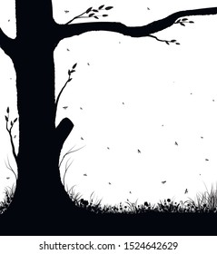 tree and grass silhouette, piece of summer background in black and white color, summer background,  vector