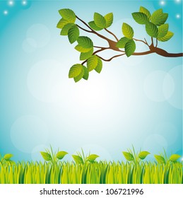 tree and grass with sky, landscape. vector illustration