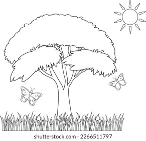 Tree, grass, sun, butterfly in outline style