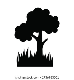 Tree and grass vector silhouette, flat, isolated on white. Garden symbol illustration.