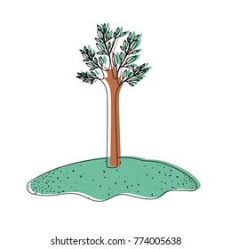 tree in grassland in watercolor silhouette with thin contour