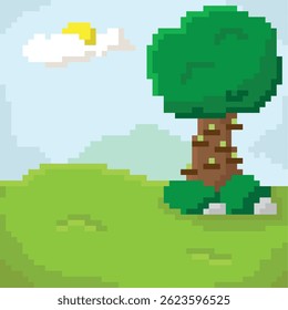 Tree in a grassy field. Vector illustration