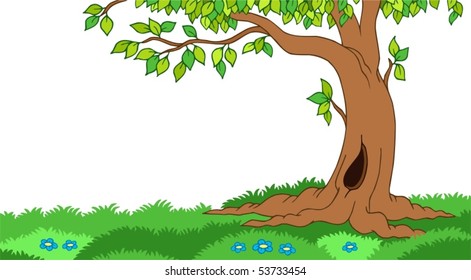 Tree in grassy landscape - vector illustration.