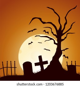 Tree grave Halloween silhouette. Colored poster in a dark style for Halloween party