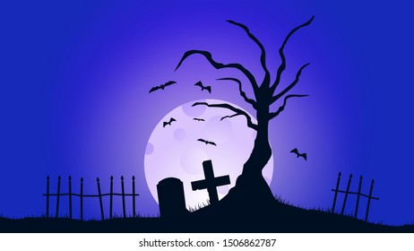 Tree grave Halloween silhouette. Colored poster in a dark blue style for Halloween party