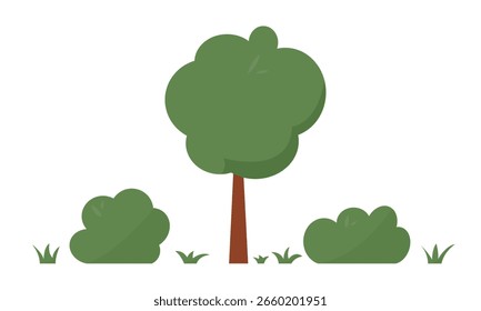 Árbol y arbusto verde y hierba conjunto. Sencillos Elementos planos de dibujos animados para paisajismo o diseño de parques.