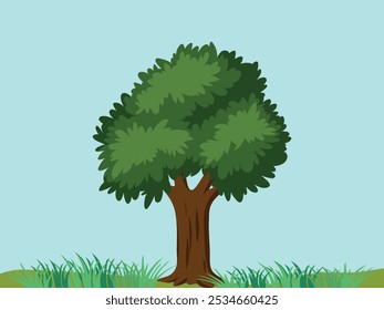 Un árbol con follaje verde denso y un tronco marrón grueso que crece en un prado herboso. Vector sobre un fondo azul