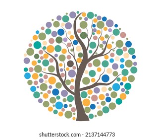 Tree with green dots abstract concepts, Abstract illustration Four seasons tree vector on a white background.tree icon design.