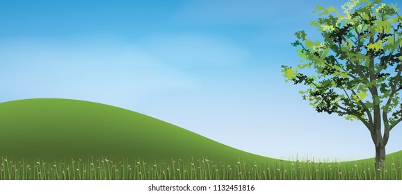 Tree In Green Grass Hill Area With Blue Sky. Abstract Background Park And Outdoor For Landscape Idea. Use For Natural Article Both On Print And Website. Vector Illustration.