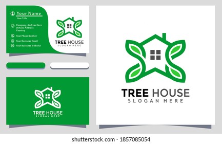 Tree Green House Design with leaves. vector logo illustration, Business card template