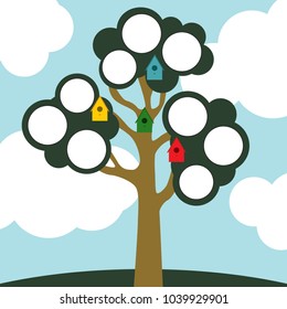 Tree with green kroner and multi-colored nesting boxes against the background of the blue sky and white clouds.