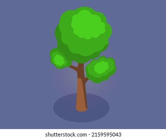 Tree with green leafage. Alone deciduous tree with trunk and dense foliage, lush crown. High plant with widely spread branches and green leaves. Broad-stemmed deciduous plant on blue background