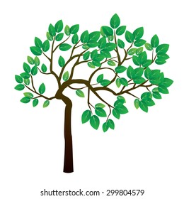 Tree and Green Leafs. Vector Illustration.