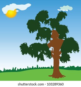 tree with green leave vector illustration on blue with sun