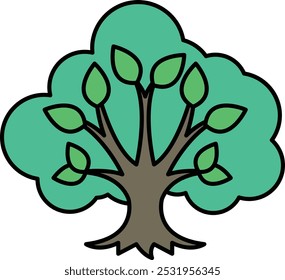A tree with green leaves and brown trunk. The tree is the main focus of the image. The leaves are spread out and the trunk is thick. The tree is surrounded by a white background