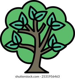 A tree with green leaves and brown trunk. The tree is drawn in a cartoon style. The tree is a symbol of life and growth