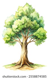 A tree with green leaves and brown trunk. The tree is the main focus of the image. The leaves are spread out and the trunk is thick. The tree is surrounded by a white background