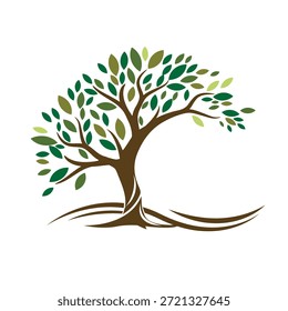 A tree with green leaves and a brown trunk on a pure white background with roots