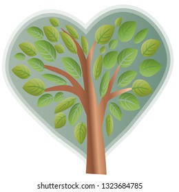 Tree with green leaves. Tree crown with leaves in the shape of a heart