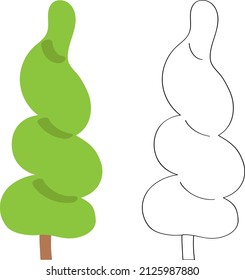 Baum mit grünen Blättern, flache Cartoon-Vektorgrafik, Thuja-Spiralhairschnitt. Vorlage für die Erstellung von Landschaftssommer-Design-Lösungen, Kontur-Doodle-Zeichnung für Kinderfarben.