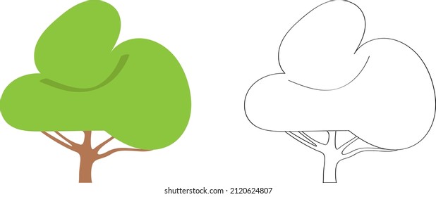 Tree with green leaves, flat vector cartoon illustration. Template for creating landscape summer design solutions, doodle contour drawing for children's coloring.