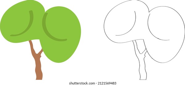 Tree with green leaves, flat vector cartoon illustration. Template for creating landscape summer design solutions, doodle contour drawing for children's coloring.