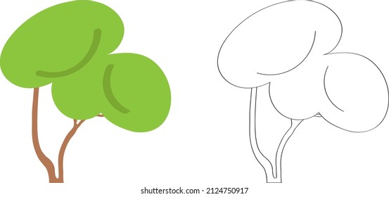 Tree with green leaves, flat vector cartoon illustration. Template for creating landscape summer design solutions, doodle contour drawing for children's coloring.