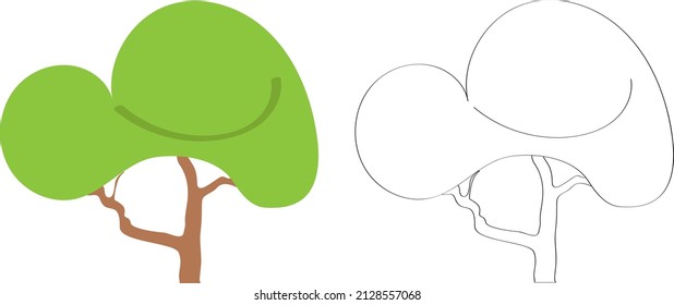 Tree with green leaves, flat vector cartoon illustration. Template for creating landscape summer design solutions, doodle contour drawing for children's coloring.