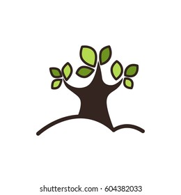 Tree with green leaves graphic close-up icon isolated on white background. Logo design of heavy wood in cartoon style. Vector illustration of trunk growing from ground stylish logotype symbol