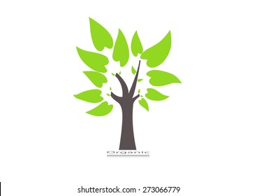 Tree with green leaves icon on drop shadow and the word organic, in vector EPS 10 format.