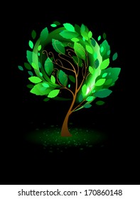 Tree with green leaves on black background