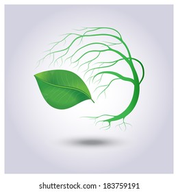 Tree with green leaves on a light gray background, vector