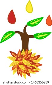 tree with green leaves onto which drops of autumn paint fall natural logo for design golden season concept