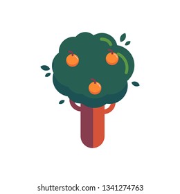 Tree with green leaves and orange ripe fruits vector illustration in flat style - deciduous plant for summer or autumn natural design, element for garden or park isolated on white background.