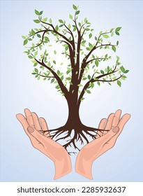 A tree with green leaves in the palms of open hands vector illustration