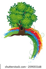 Tree with green leaves and rainbow on a white background