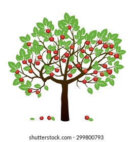 Tree, Green Leaves And Red Apple Fruits. Vector Outline Illustration.