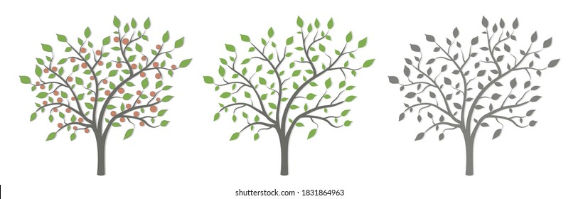 Tree with green leaves and red fruit in three versions on a white background
