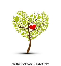 Tree with green leaves and red heart isoated on white background, vector