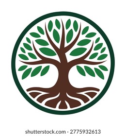 Tree with green leaves and roots in a circle eco friendly symbol
