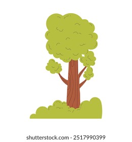 Árbol con hojas verdes ilustración plana de Vector. Planta de bosque de roble o tilo de dibujos animados. Elemento de diseño de Naturaleza aislado sobre fondo blanco. Flora de jardín o parque