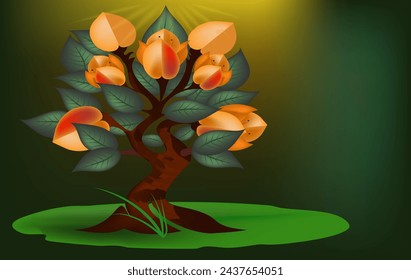 a tree with green leaves and yellow fruits stands in a meadow, the sun is shining