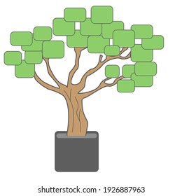 A tree with green rounded rectangle in the plat pot. Graphic vector isolated on white background.