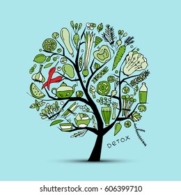 Tree with green vegetables. Sketch for your design