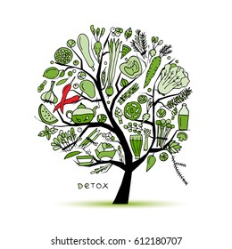 Tree with green vegetables. Sketch for your design