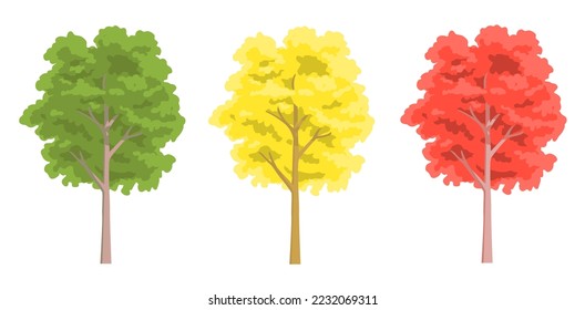 Árbol con follaje verde, amarillo y rojo. Árboles. Elemento de plantilla para diseño y decoración. Naturaleza y bosque. Ilustración vectorial de dibujos animados aislada en fondo blanco