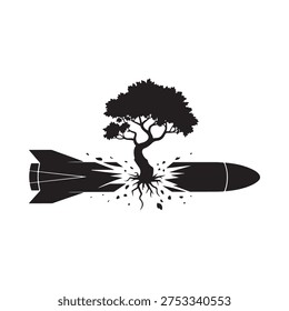 A tree growing from the broken remains of a missile symbolizing peace