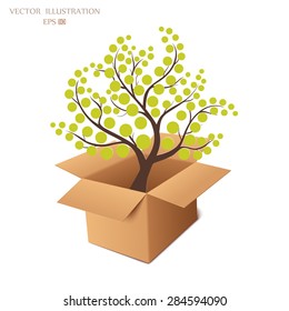 Tree growing from cardboard box. Vector illustration modern template design