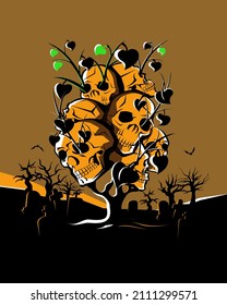 A tree growing in the cemetery.. Vector illustration. Tattoo. Graffiti.